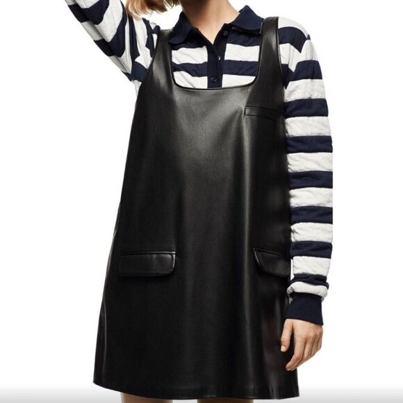 Zara Black Vegan Leather Pinafore Overall Dress SIZE SMALL - Picture 1 of 7